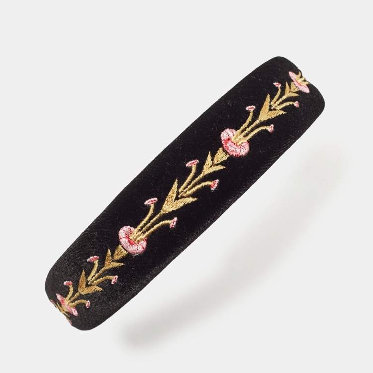 Pre Owned Tory Burch Black Floral Embroidered Velvet Hairband 