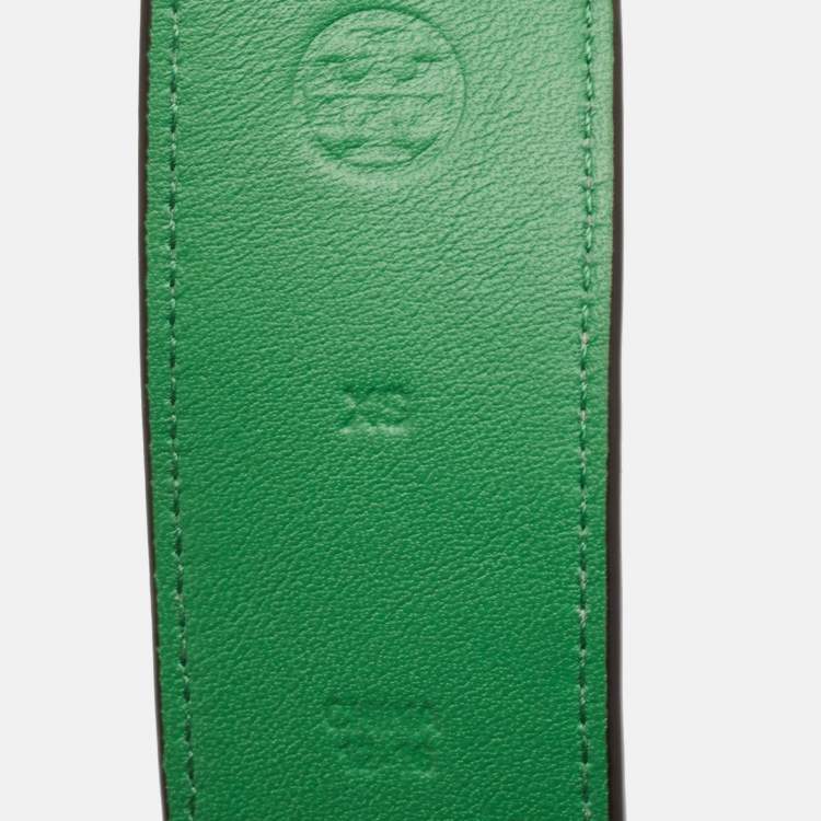 Pre Owned Tory Burch Green/Cream Leather Logo Buckle Belt XS
