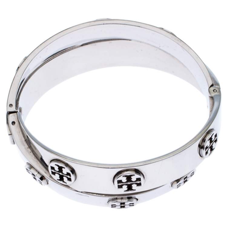 Pre Owned Tory Burch Silver Tone Metal Logo Double Wrap Bracelet  