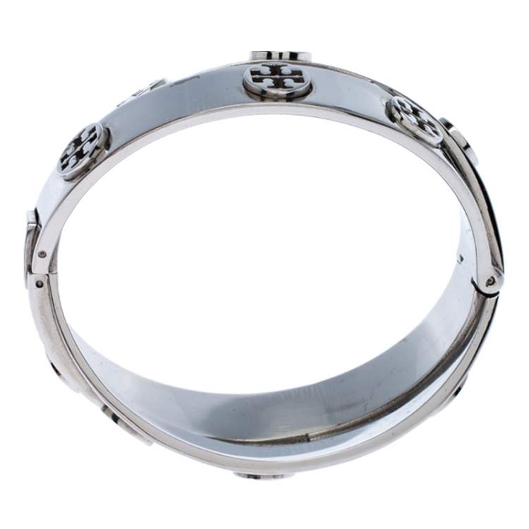 Pre Owned Tory Burch Silver Tone Metal Logo Double Wrap Bracelet  