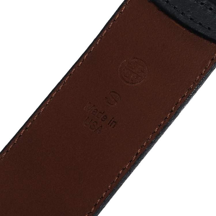 Pre Owned Tory Burch Navy Blue Leather Logo Buckle Belt 105CM