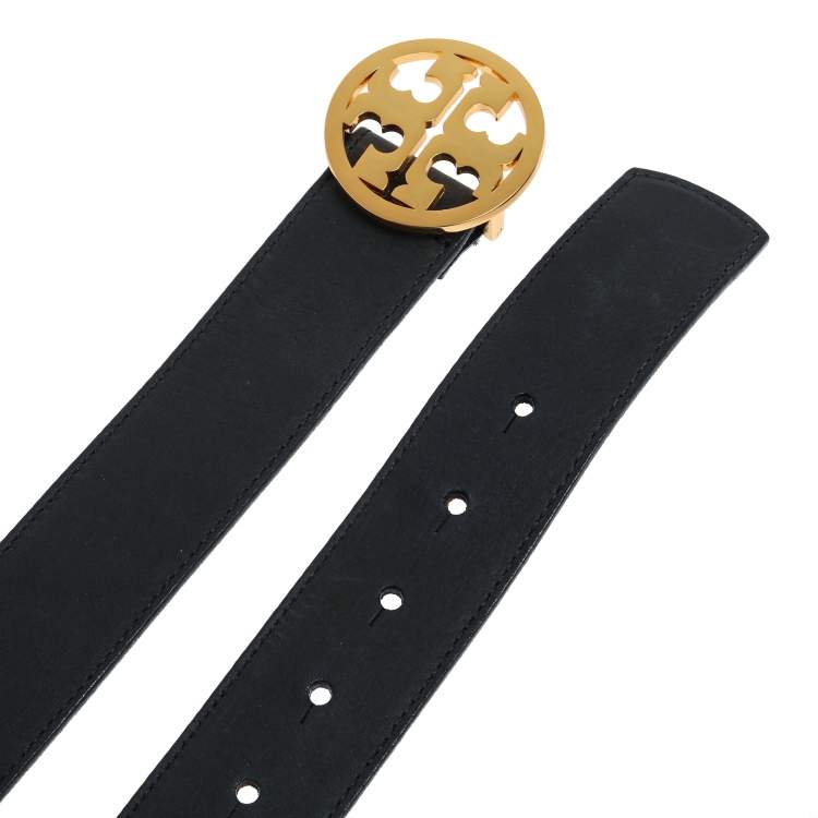 Pre Owned Tory Burch Navy Blue Leather Logo Buckle Belt 105CM