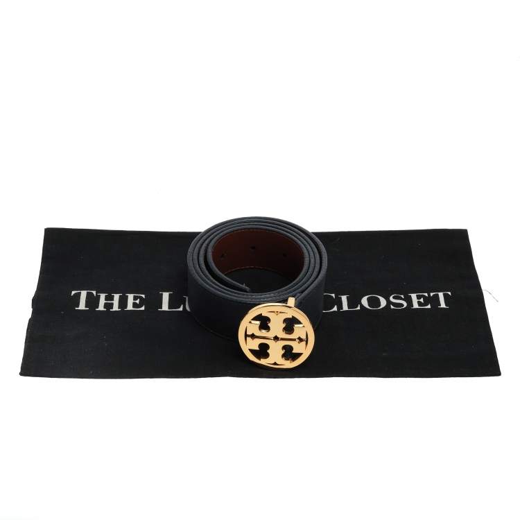 Pre Owned Tory Burch Navy Blue Leather Logo Buckle Belt 105CM