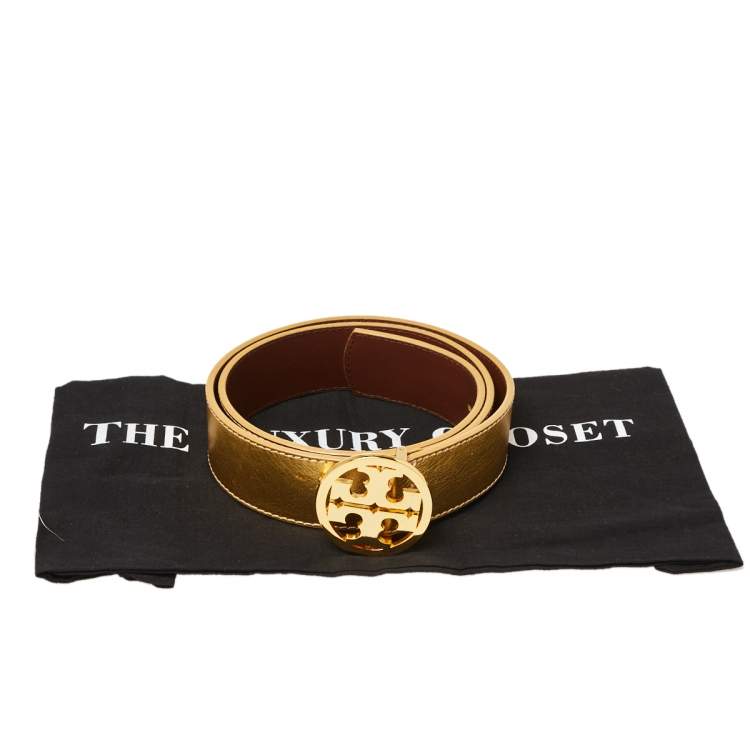 Pre Owned Tory Burch Metallic Gold Leather Logo Buckle Belt S