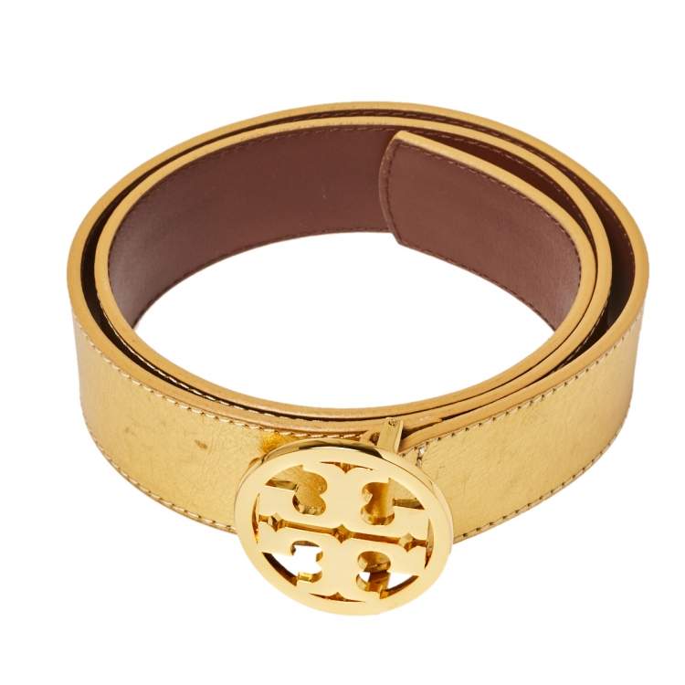 Pre Owned Tory Burch Metallic Gold Leather Logo Buckle Belt S