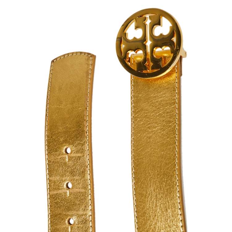Pre Owned Tory Burch Metallic Gold Leather Logo Buckle Belt S