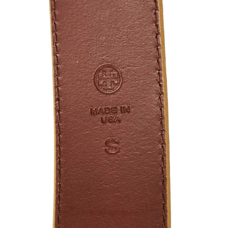 Pre Owned Tory Burch Metallic Gold Leather Logo Buckle Belt S