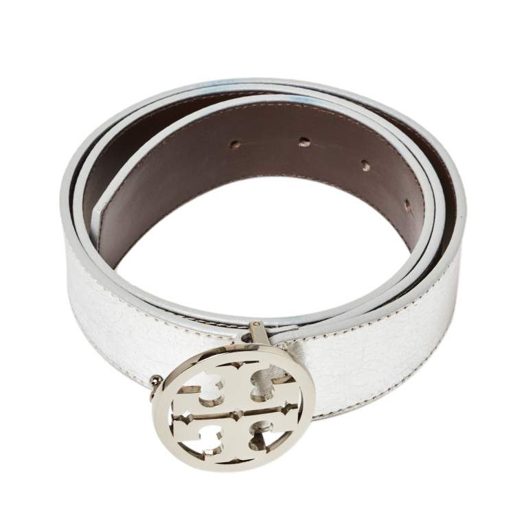 Pre Owned Tory Burch Silver Leather Logo Buckle Belt S