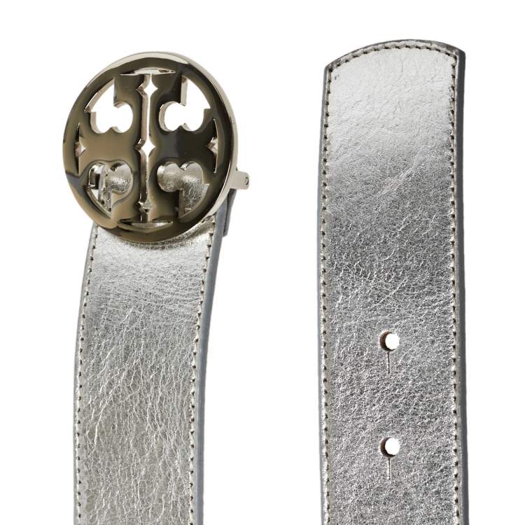 Pre Owned Tory Burch Silver Leather Logo Buckle Belt S