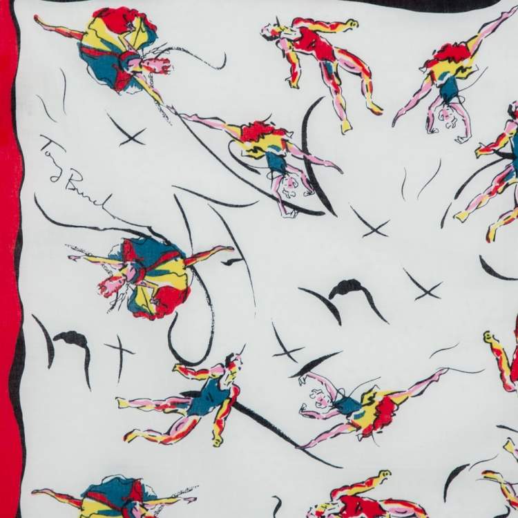 Pre Owned Tory Burch Cream & Red Dancers Print Cotton Scarf
