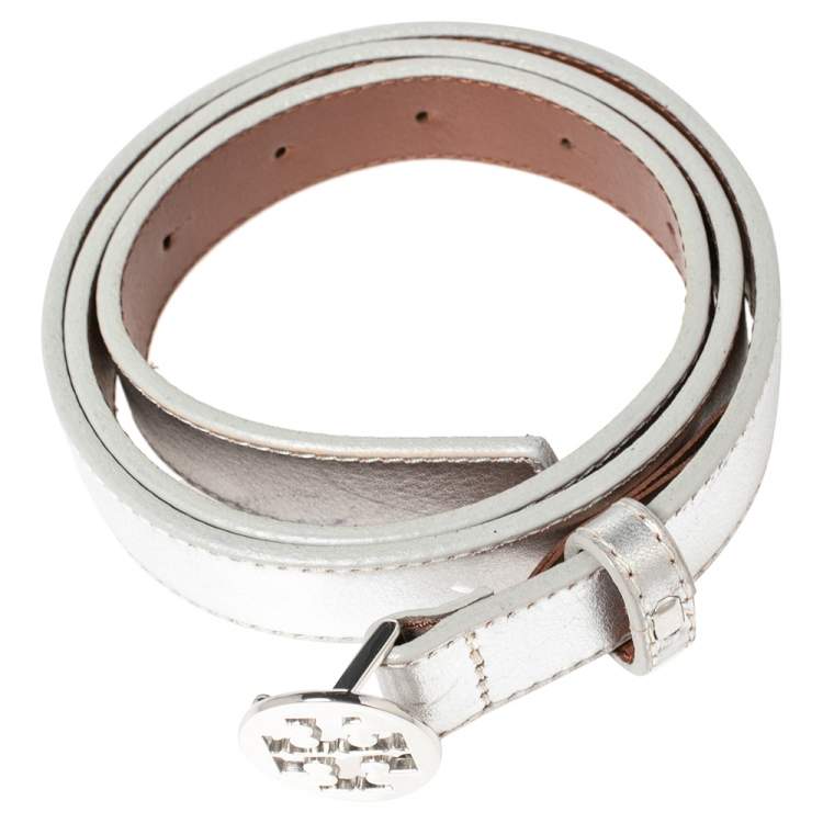 Pre Owned Tory Burch Metallic Silver Leather Reva Buckle Belt 80CM