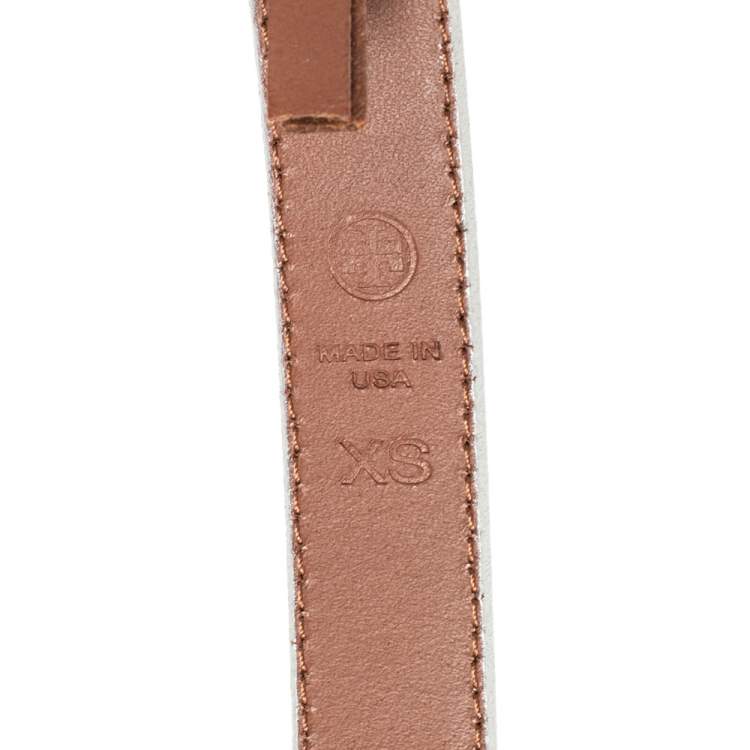Pre Owned Tory Burch Metallic Silver Leather Reva Buckle Belt 80CM
