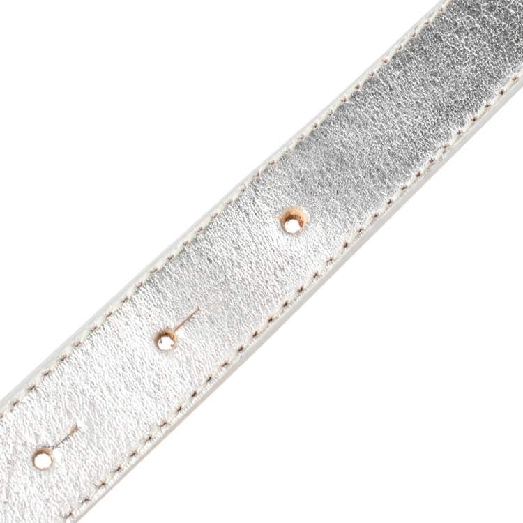 Pre Owned Tory Burch Metallic Silver Leather Reva Buckle Belt 80CM