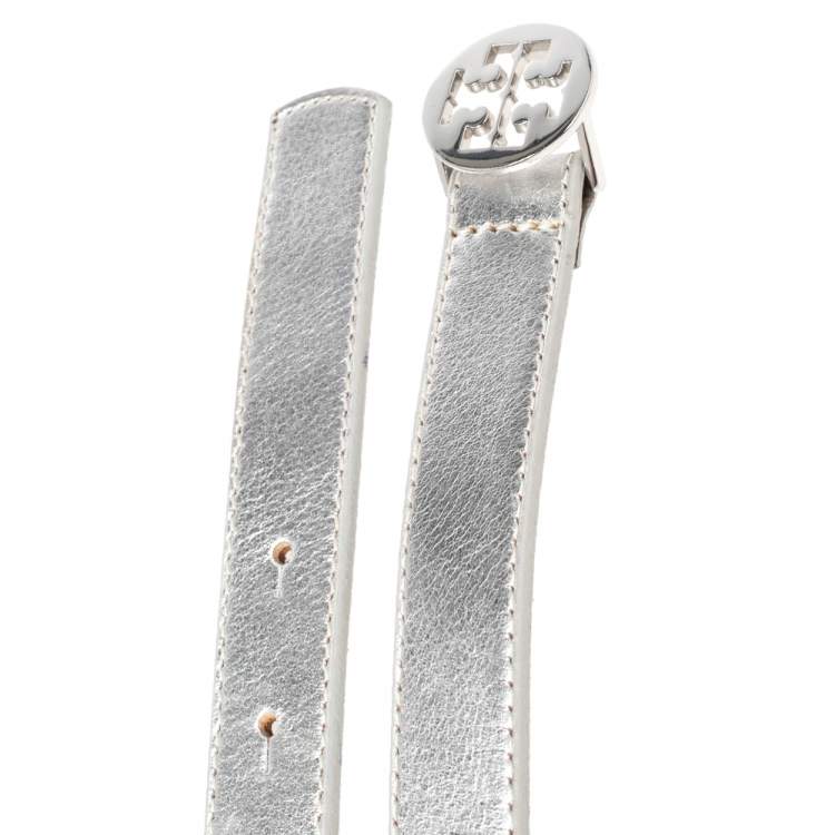 Pre Owned Tory Burch Metallic Silver Leather Reva Buckle Belt 80CM
