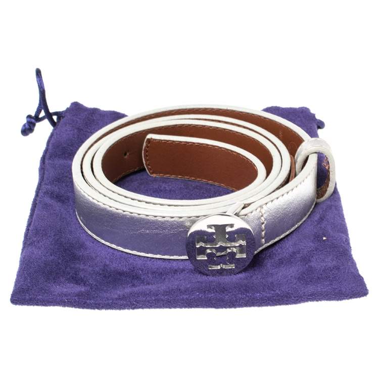 Pre Owned Tory Burch Metallic Silver Leather Reva Buckle Belt 80CM
