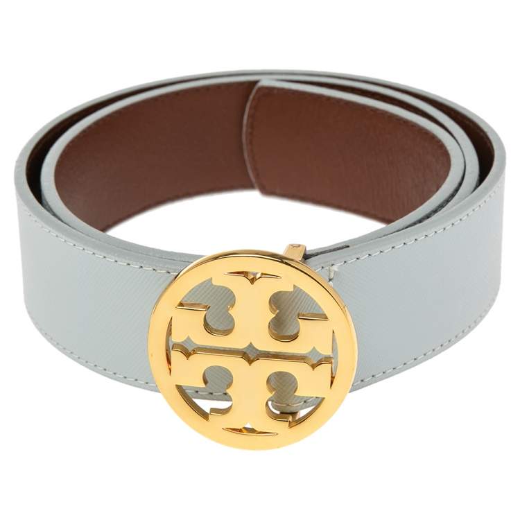 Pre Owned Tory Burch Light Blue/Brown Leather Robinson Small Cut to Size Belt 