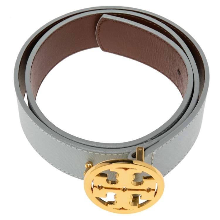 Pre Owned Tory Burch Light Blue/Brown Leather Robinson Small Cut to Size Belt 