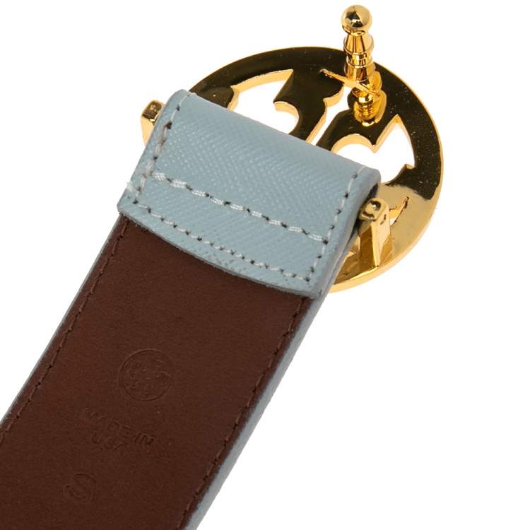 Pre Owned Tory Burch Light Blue/Brown Leather Robinson Small Cut to Size Belt 