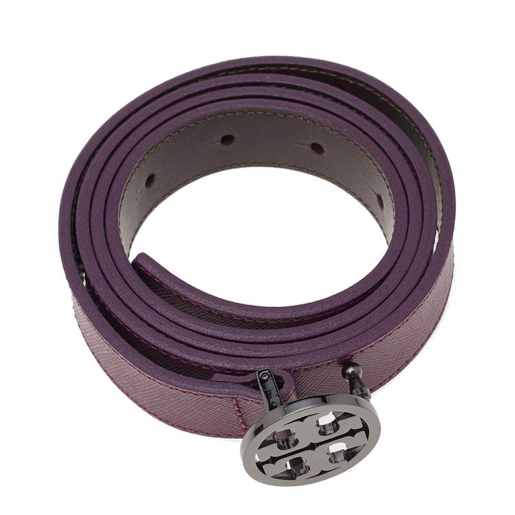 Pre Owned Tory Burch Purple Leather Reva Slim Medium Cut to Size Belt