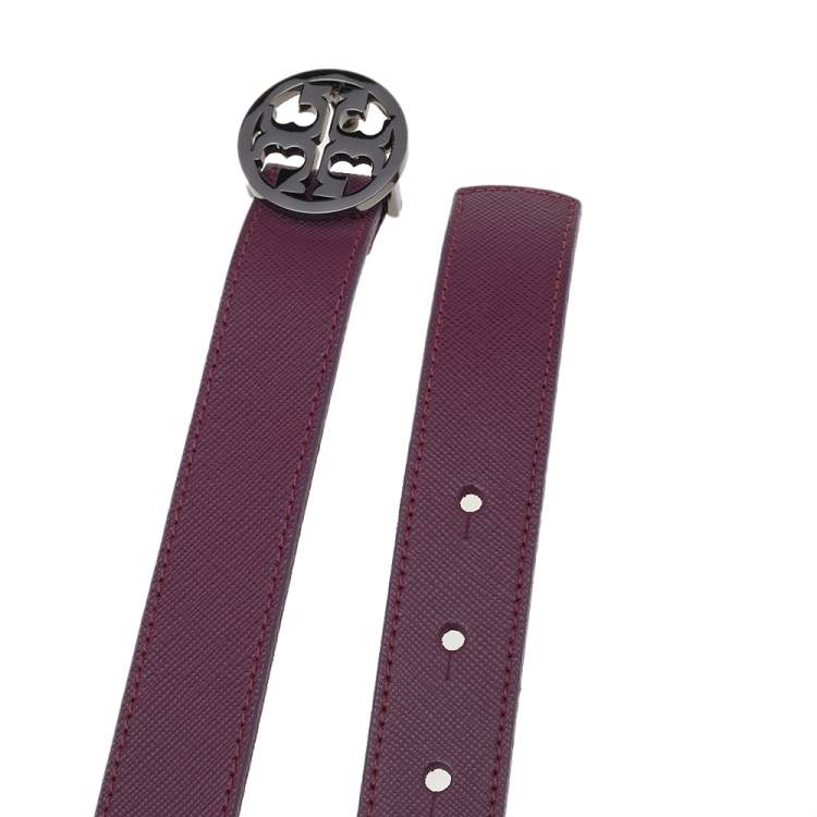Pre Owned Tory Burch Purple Leather Reva Slim Medium Cut to Size Belt