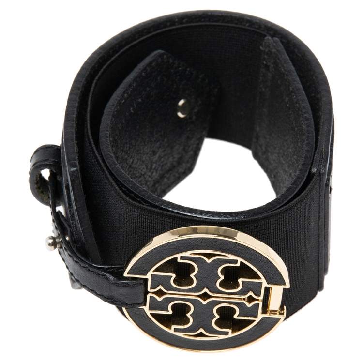 Pre Owned Tory Burch Black  Leather and Elastic Band Logo Waist Belt M