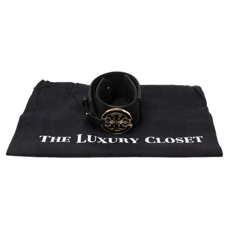 Pre Owned Tory Burch Black  Leather and Elastic Band Logo Waist Belt M