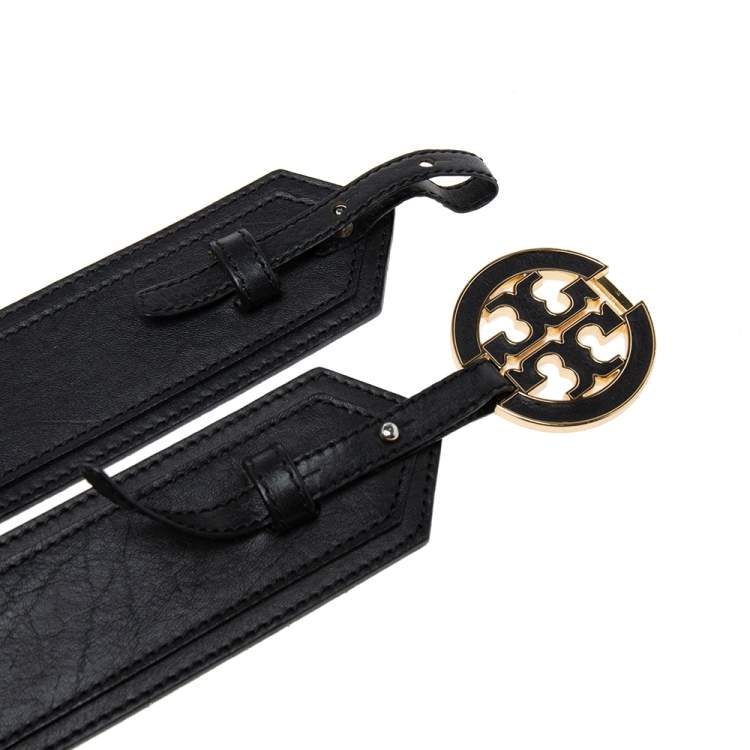 Pre Owned Tory Burch Black  Leather and Elastic Band Logo Waist Belt M