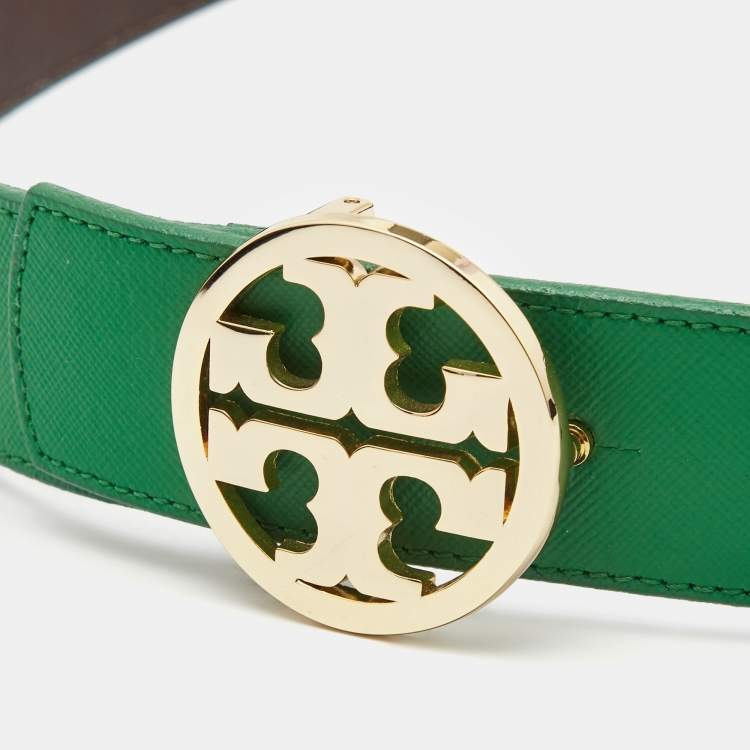 Pre Owned Tory Burch Green Leather Robinson Buckle Belt M