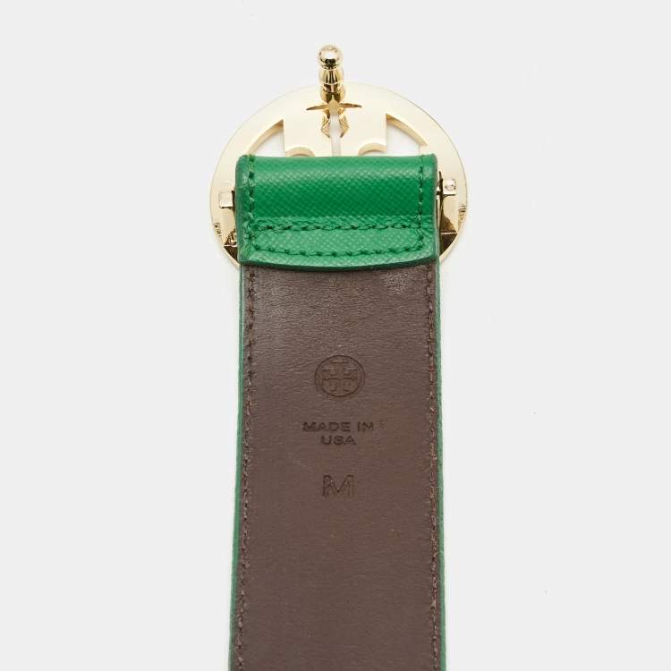 Pre Owned Tory Burch Green Leather Robinson Buckle Belt M