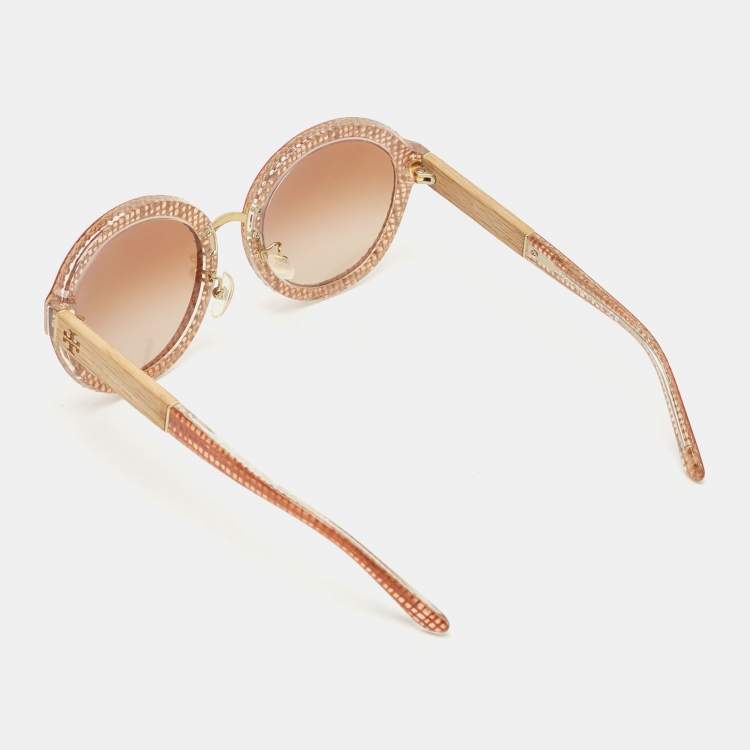 Pre Owned Tory Burch Brown Woven Raffia TY7128 Gradient Round Sunglasses