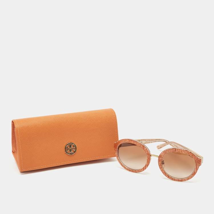 Pre Owned Tory Burch Brown Woven Raffia TY7128 Gradient Round Sunglasses