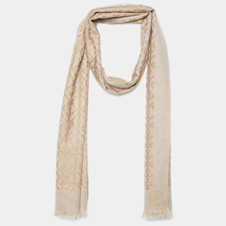 Pre Owned Tory Burch Beige Logo Jacquard Wool Fringed Scarf