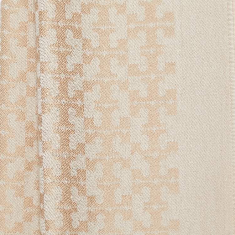 Pre Owned Tory Burch Beige Logo Jacquard Wool Fringed Scarf