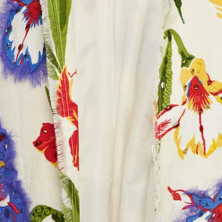 Pre Owned Tory Burch White  Embellished Linen Open Front Jenson Coat L