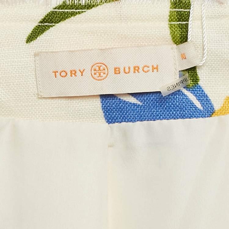 Pre Owned Tory Burch White  Embellished Linen Open Front Jenson Coat L