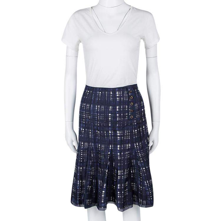 Tory Burch Navy Blue and White Checked Pleated Silk Wess Skirt L Tory Burch  | TLC