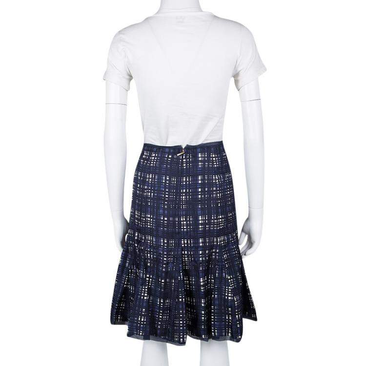 Pre Owned Tory Burch Navy Blue and White Checked Pleated Silk Wess Skirt L