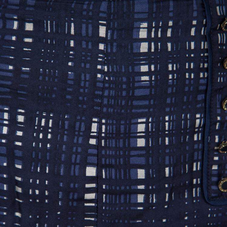 Pre Owned Tory Burch Navy Blue and White Checked Pleated Silk Wess Skirt L