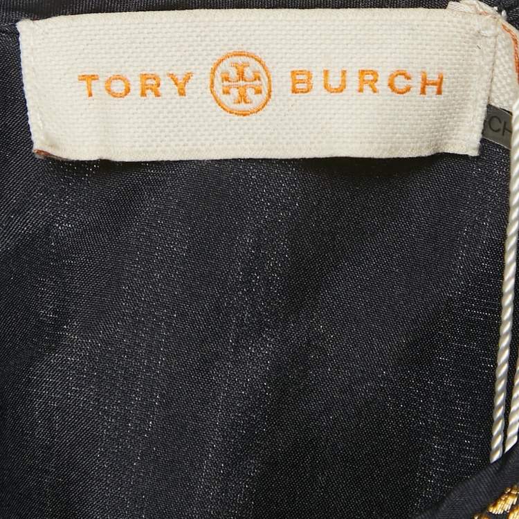 Pre Owned Tory Burch Navy Blue Lurex Jacquard Long Sleeve Maxi Dress L