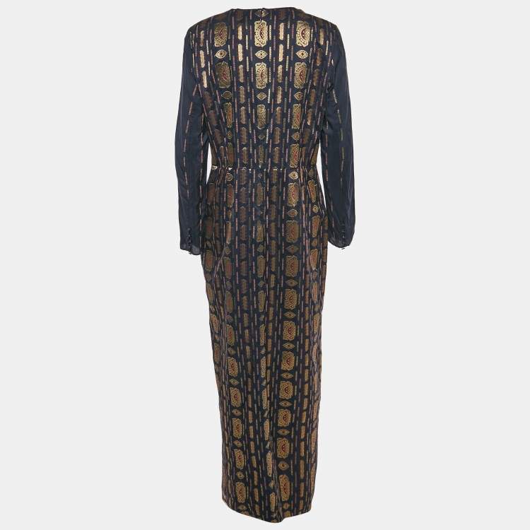 Pre Owned Tory Burch Navy Blue Lurex Jacquard Long Sleeve Maxi Dress L