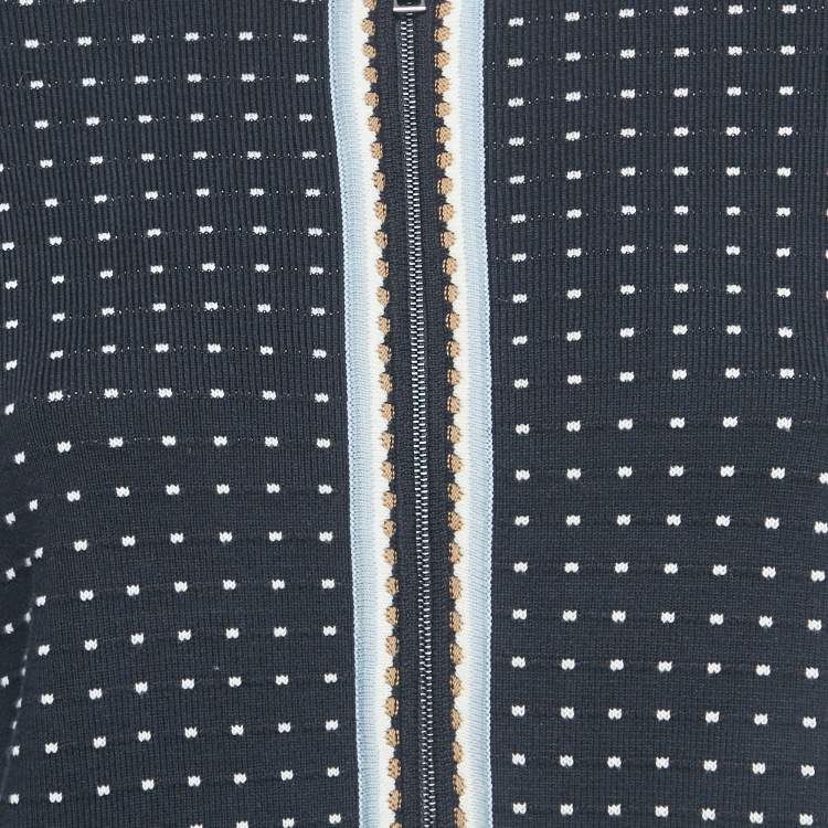 Pre Owned Tory Burch Navy Blue Dotted Stretch Knit Zip-up Jacket XS