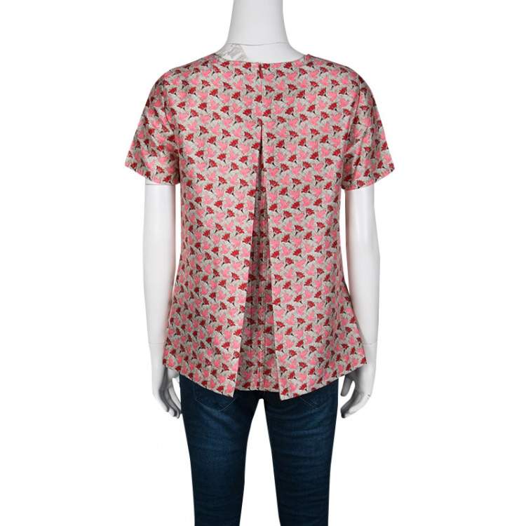 Pre Owned Tory Burch Dove and Lotus Print Silk Gazar Short Sleeve Top S