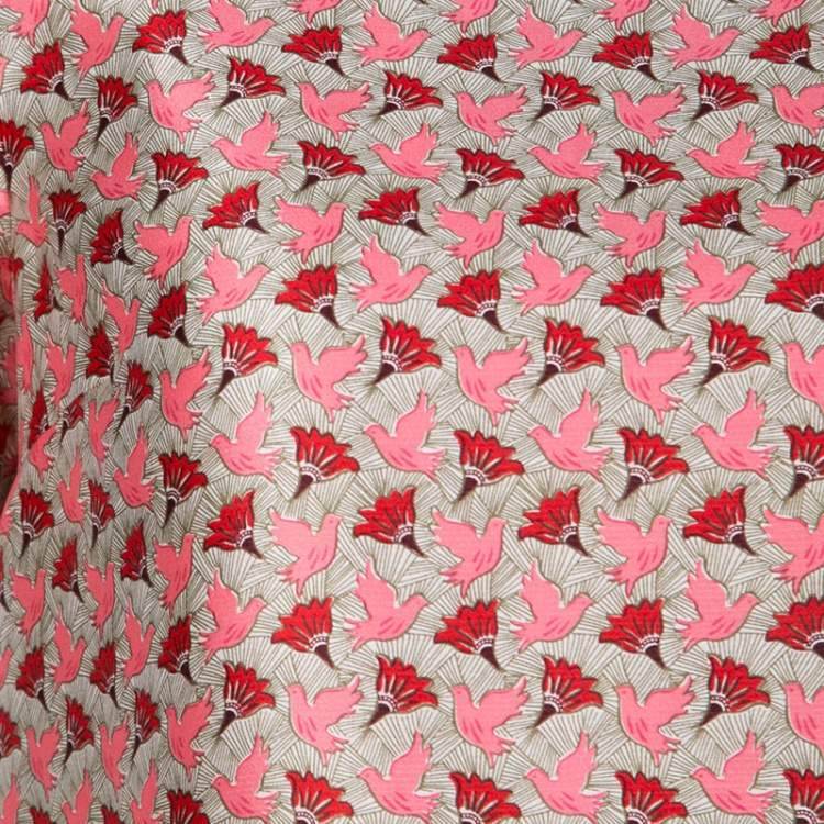 Pre Owned Tory Burch Dove and Lotus Print Silk Gazar Short Sleeve Top S