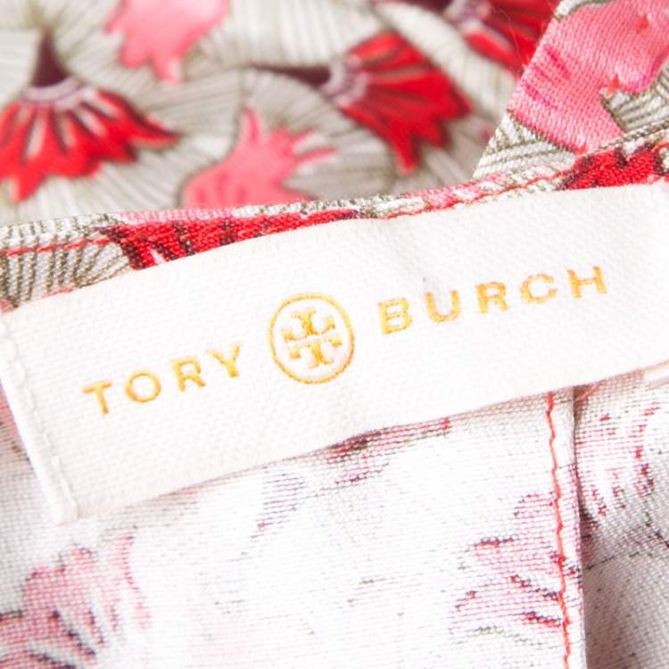 Pre Owned Tory Burch Dove and Lotus Print Silk Gazar Short Sleeve Top S