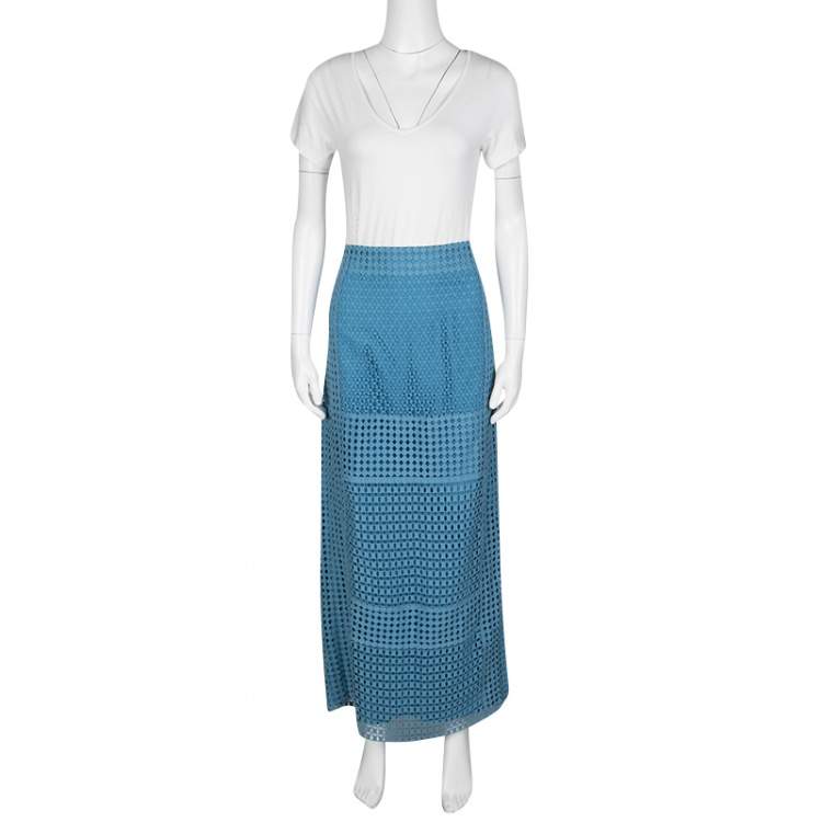 Pre Owned Tory Burch Blue Crescent Guipure Lace Slit Detail Maxi Skirt S