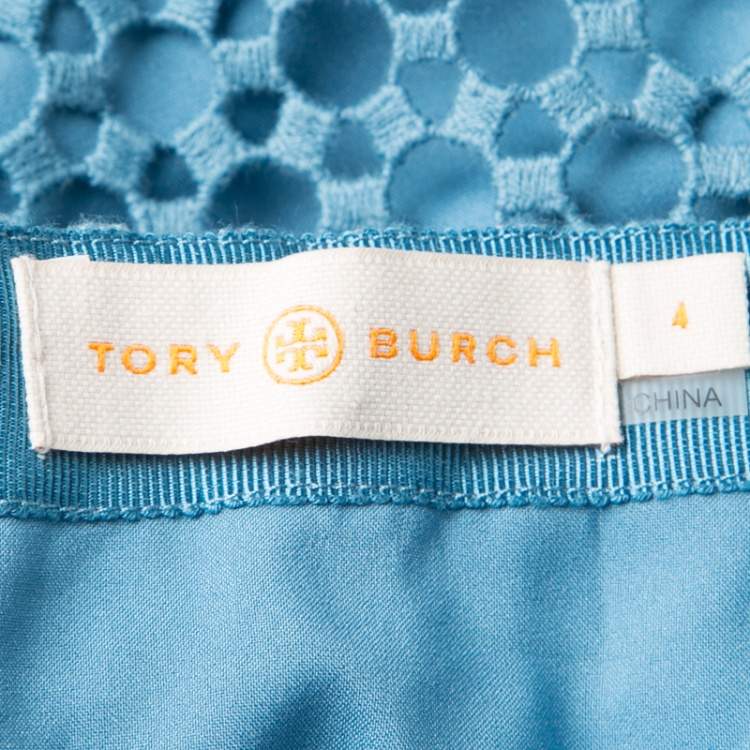 Pre Owned Tory Burch Blue Crescent Guipure Lace Slit Detail Maxi Skirt S