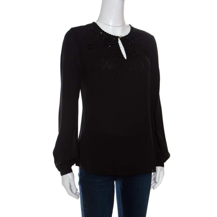 Pre Owned Tory Burch Black Silk Embellished Long Sleeve Natasha Tunic S