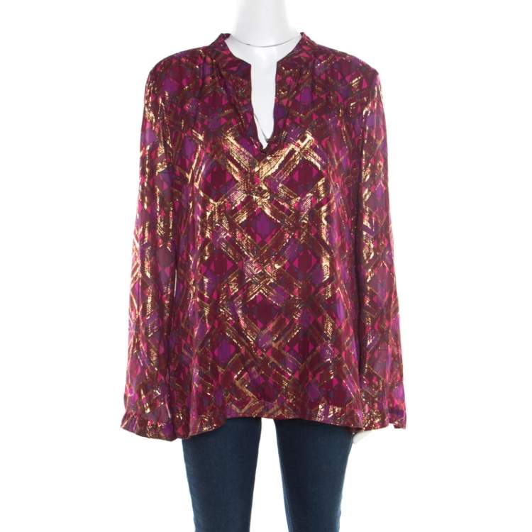 Pre Owned Tory Burch Merlot Purple Silk Lurex Plaid Patterned Stephanie Tunic Top M