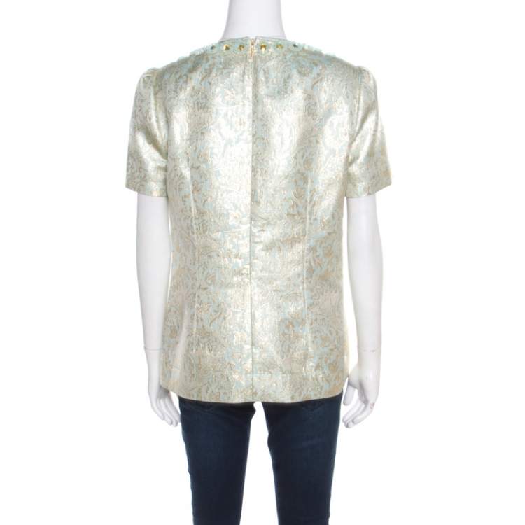 Pre Owned Tory Burch Seafoam Green Crystal Embellished Floral Jacquard Lola Top L
