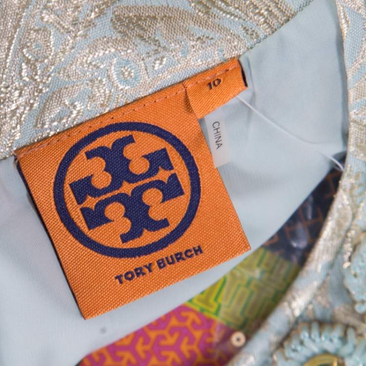 Pre Owned Tory Burch Seafoam Green Crystal Embellished Floral Jacquard Lola Top L